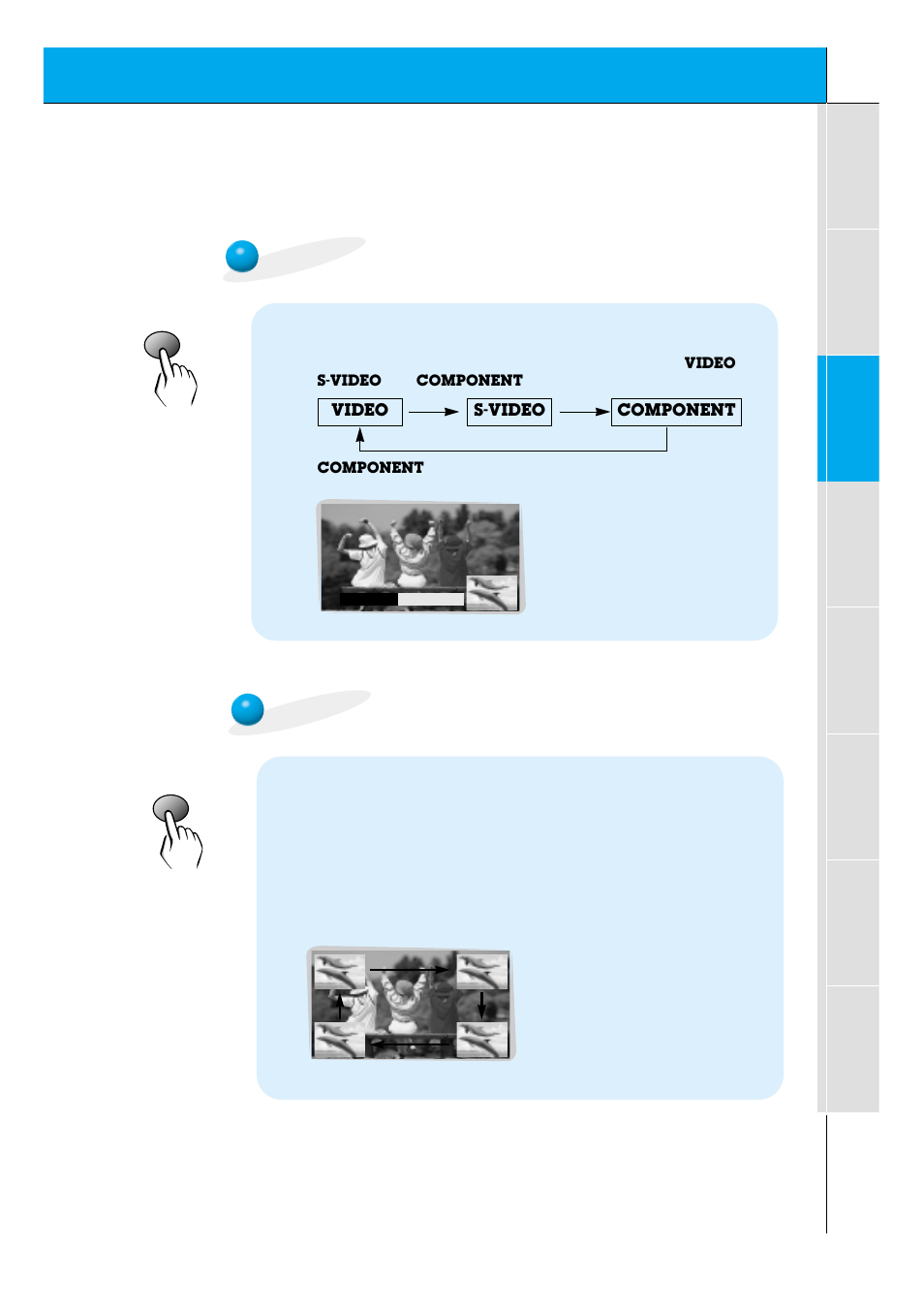 Selecting the pip sub picture source, Moving the sub (inset) picture, Press the input select button in pip mode | Press the position button in pip mode | Kodak P60W26A User Manual | Page 27 / 59