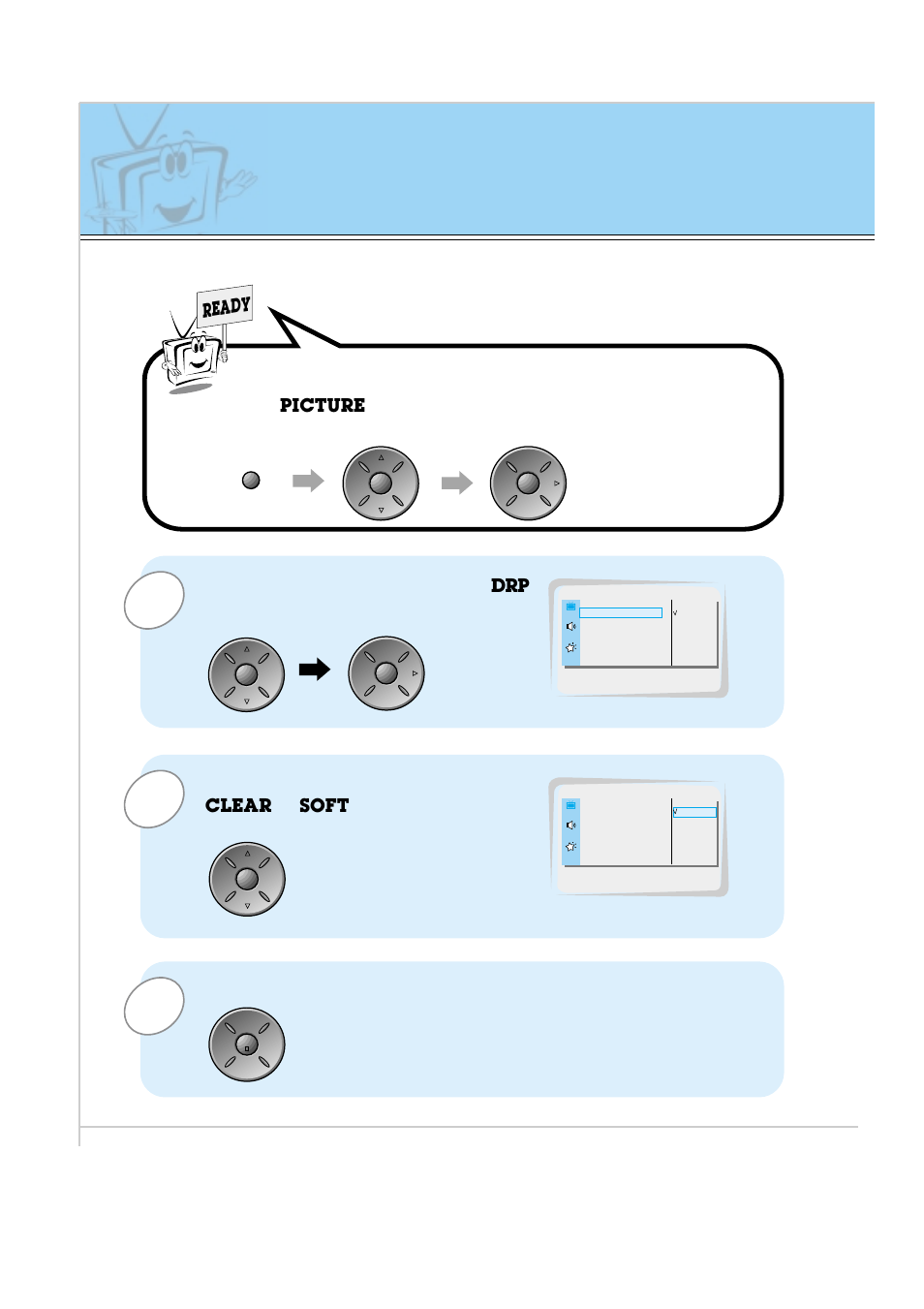 Drp (digital reality picture), Drp improves image outlines in dark screens, Use the up/down button to select | And then press the vol, Button. press the enter button to remove menu, Menu. press the vol, Button, Ready, Clear, Soft | Kodak P60W26A User Manual | Page 38 / 59