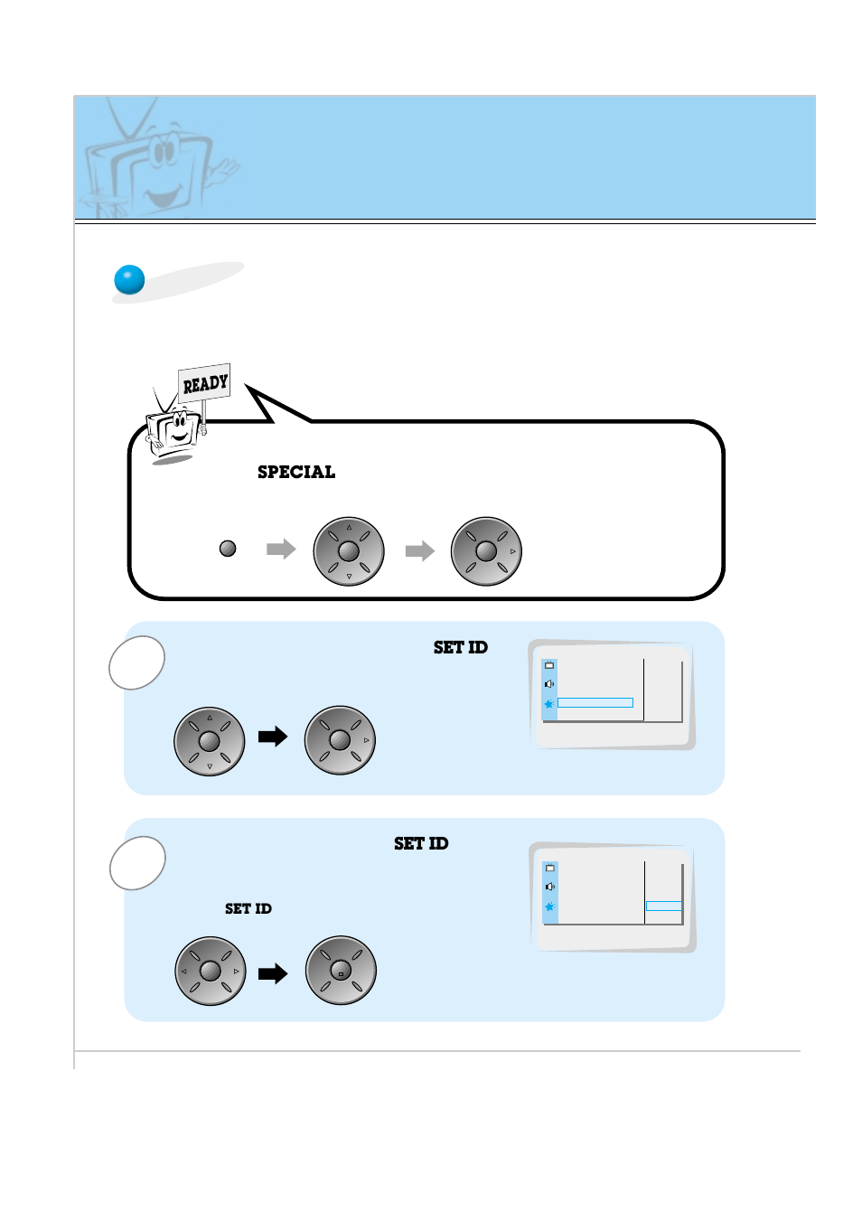 External control device setup, Use the up/down buttons to select, And then press the vol | Button, Menu. press the vol, Use the vol button to adjust, Ready, Set id, Special, Use this function to specify a monitor id number | Kodak P60W26A User Manual | Page 50 / 59