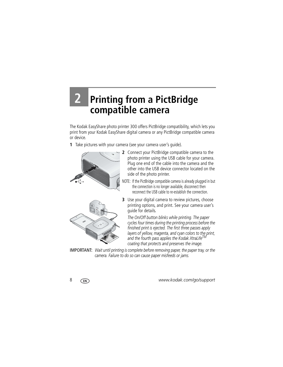 2 printing from a pictbridge compatible camera, Printing from a pictbridge compatible camera | Kodak EasyShare 300 User Manual | Page 14 / 46