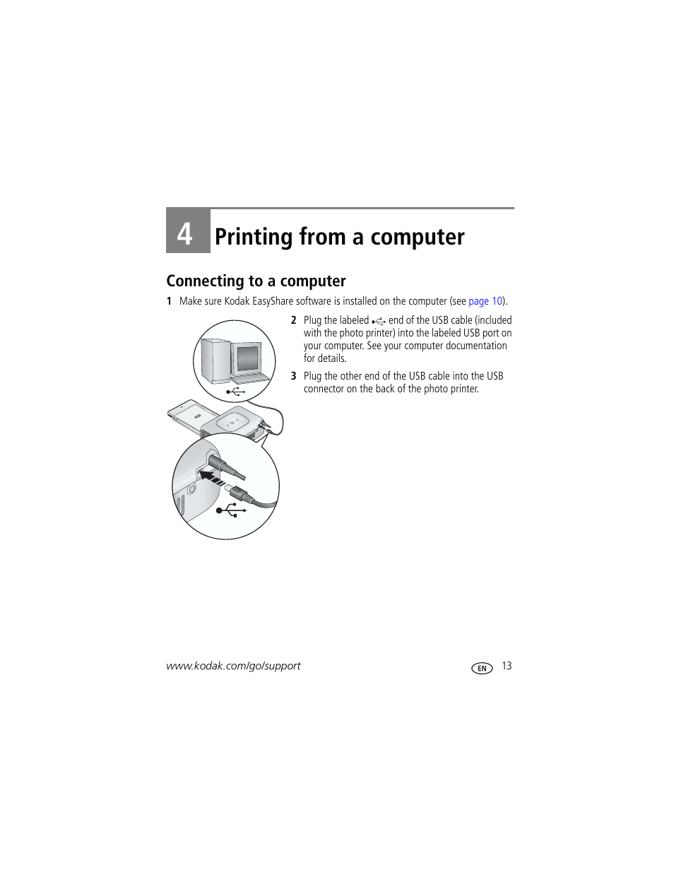 4 printing from a computer, Connecting to a computer, Printing from a computer | Kodak EasyShare 300 User Manual | Page 19 / 46