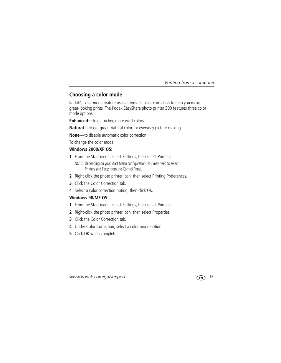 Choosing a color mode | Kodak EasyShare 300 User Manual | Page 21 / 46