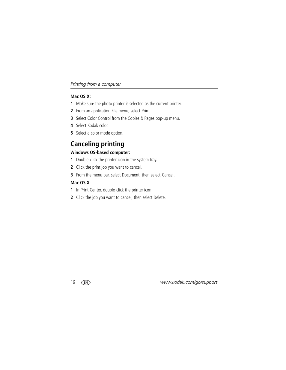 Canceling printing | Kodak EasyShare 300 User Manual | Page 22 / 46