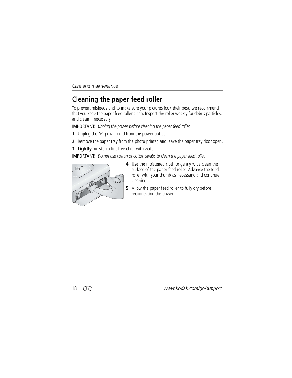 Cleaning the paper feed roller | Kodak EasyShare 300 User Manual | Page 24 / 46