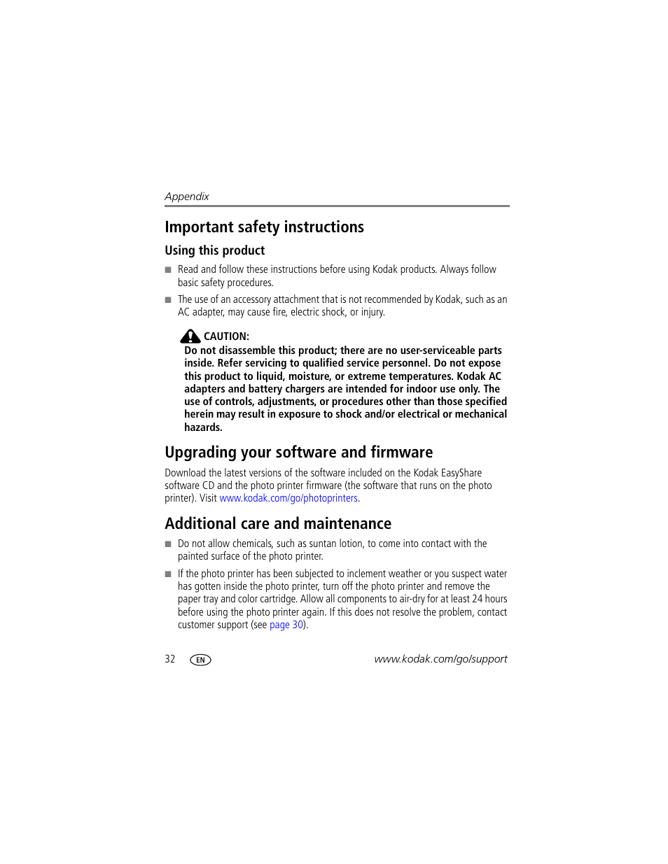 Important safety instructions, Using this product, Upgrading your software and firmware | Additional care and maintenance | Kodak EasyShare 300 User Manual | Page 38 / 46