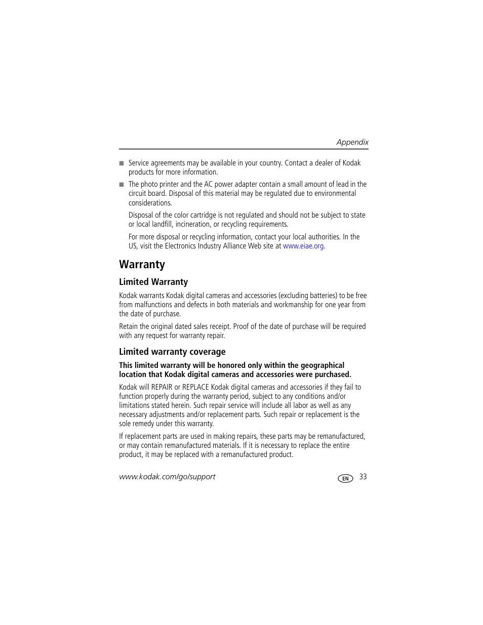 Warranty, Limited warranty, Limited warranty coverage | Kodak EasyShare 300 User Manual | Page 39 / 46