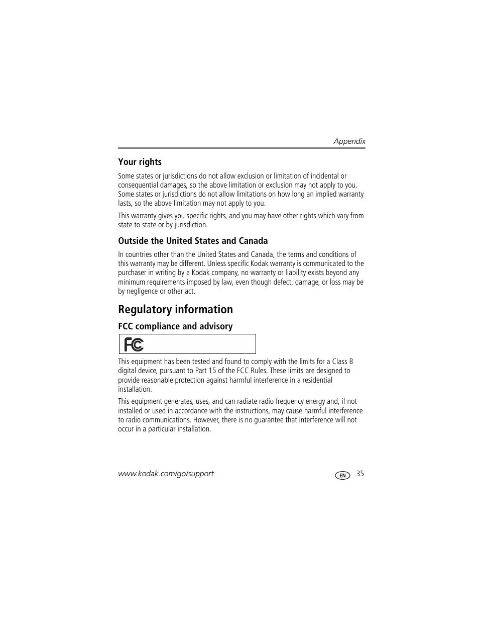 Your rights, Outside the united states and canada, Regulatory information | Fcc compliance and advisory | Kodak EasyShare 300 User Manual | Page 41 / 46