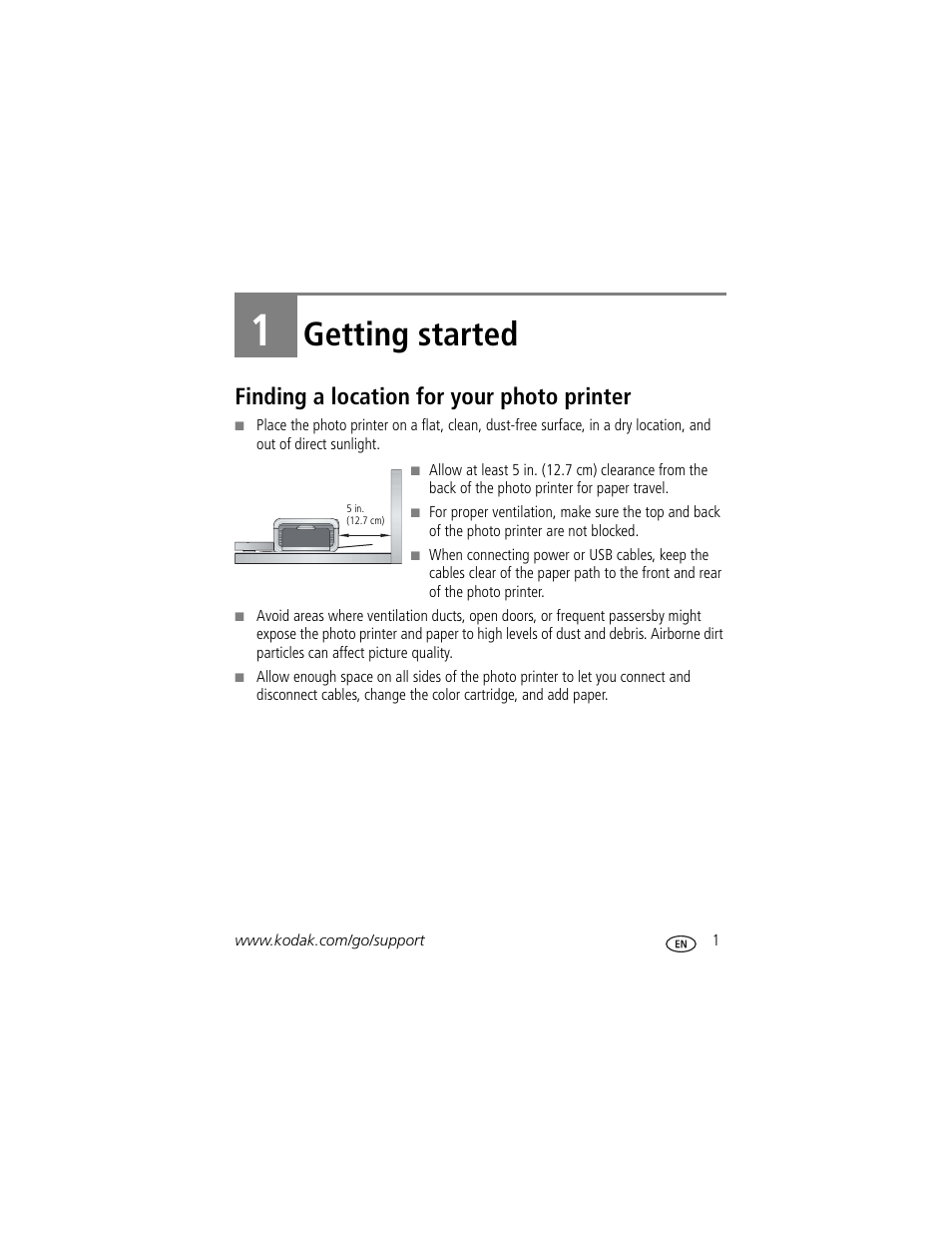 1 getting started, Finding a location for your photo printer, Getting started | Kodak EasyShare 300 User Manual | Page 7 / 46