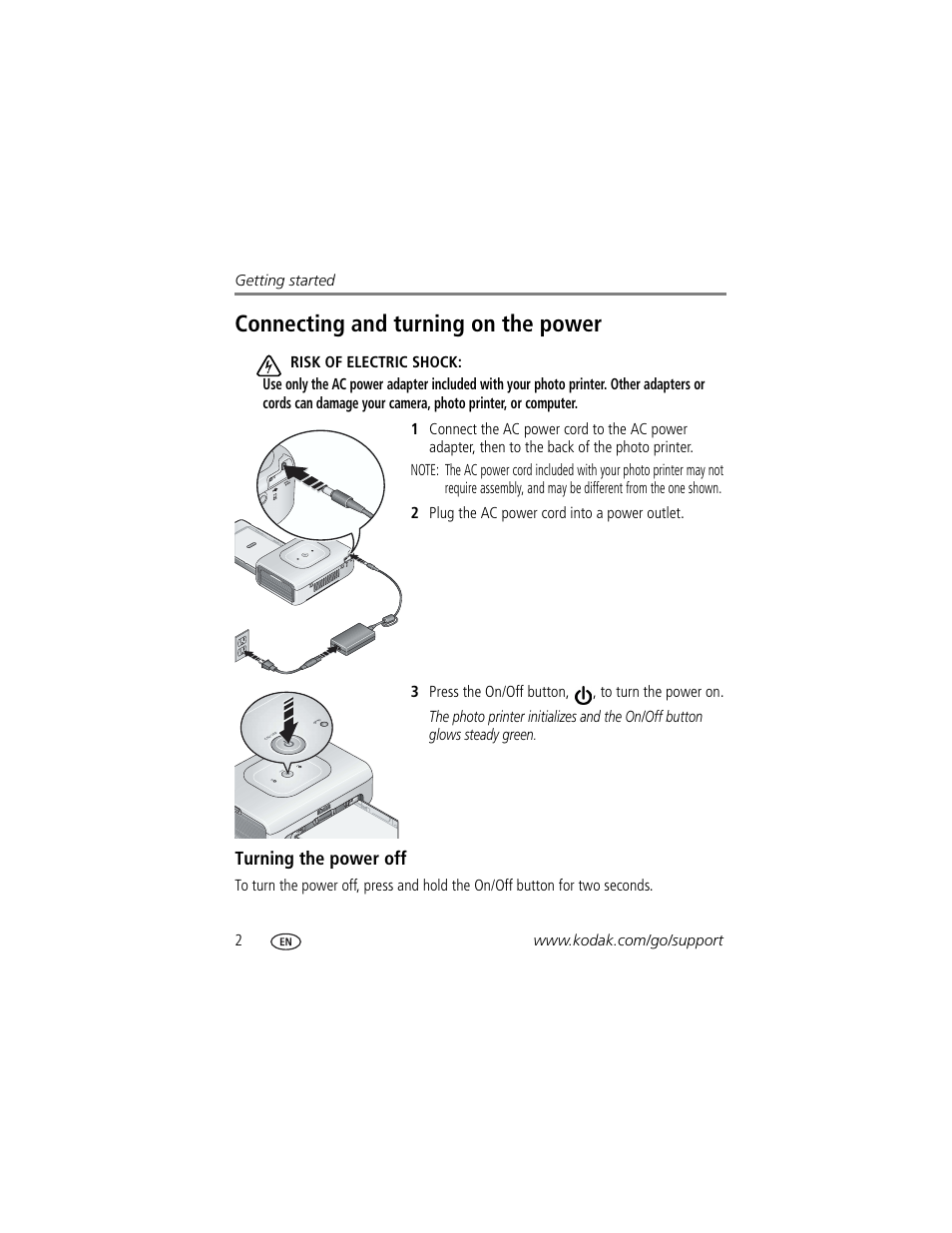 Connecting and turning on the power, Turning the power off | Kodak EasyShare 300 User Manual | Page 8 / 46