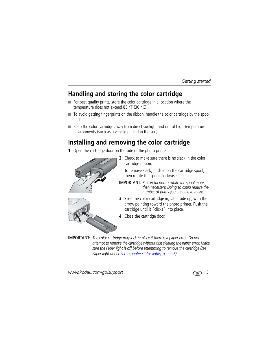 Handling and storing the color cartridge, Installing and removing the color cartridge | Kodak EasyShare 300 User Manual | Page 9 / 46