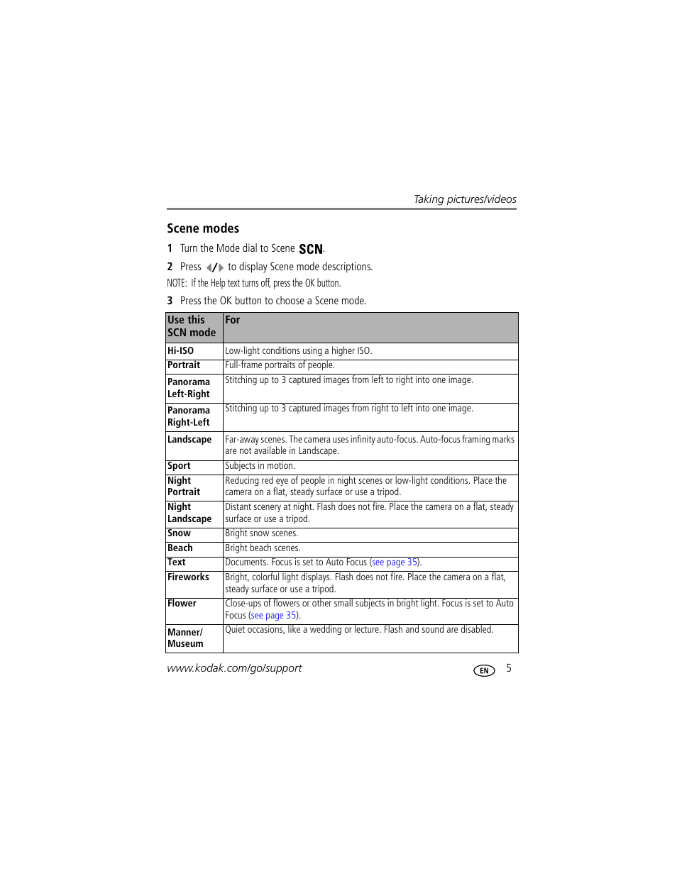 Scene modes | Kodak EasyShare C623 User Manual | Page 11 / 78