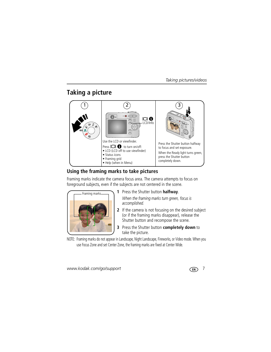 Taking a picture, Using the framing marks to take pictures | Kodak EasyShare C623 User Manual | Page 13 / 78