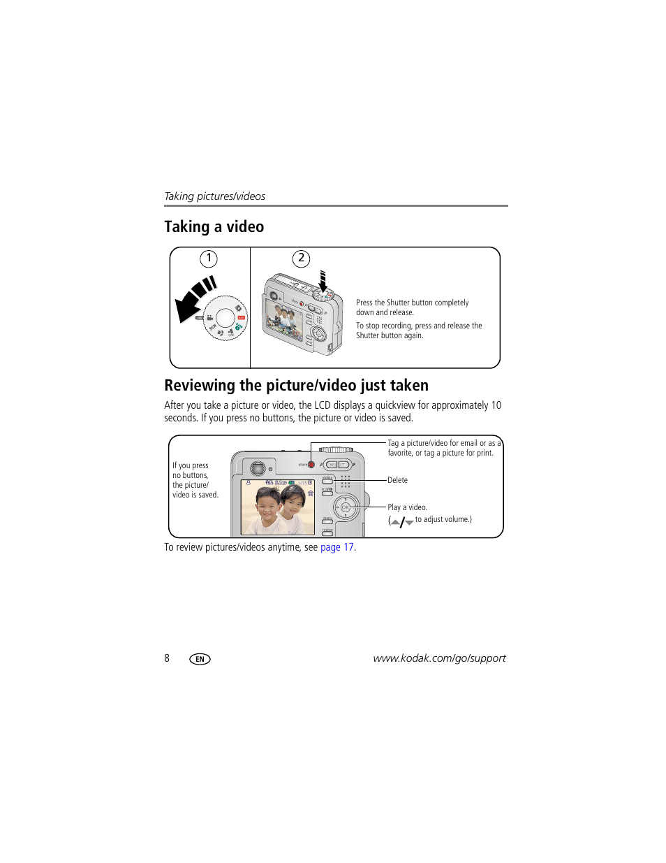 Taking a video, Reviewing the picture/video just taken | Kodak EasyShare C623 User Manual | Page 14 / 78