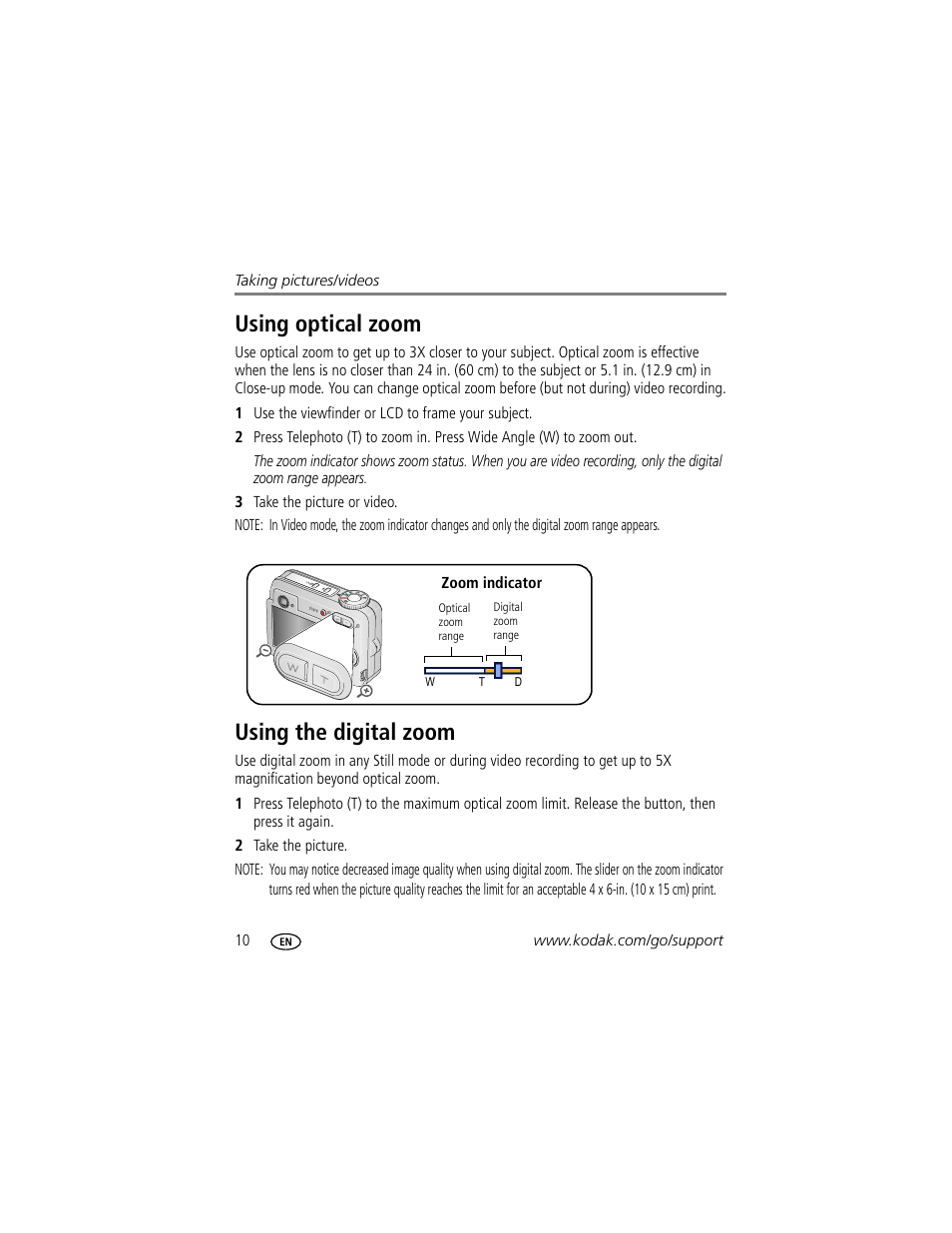Using optical zoom, Using the digital zoom, Using optical zoom using the digital zoom | Kodak EasyShare C623 User Manual | Page 16 / 78