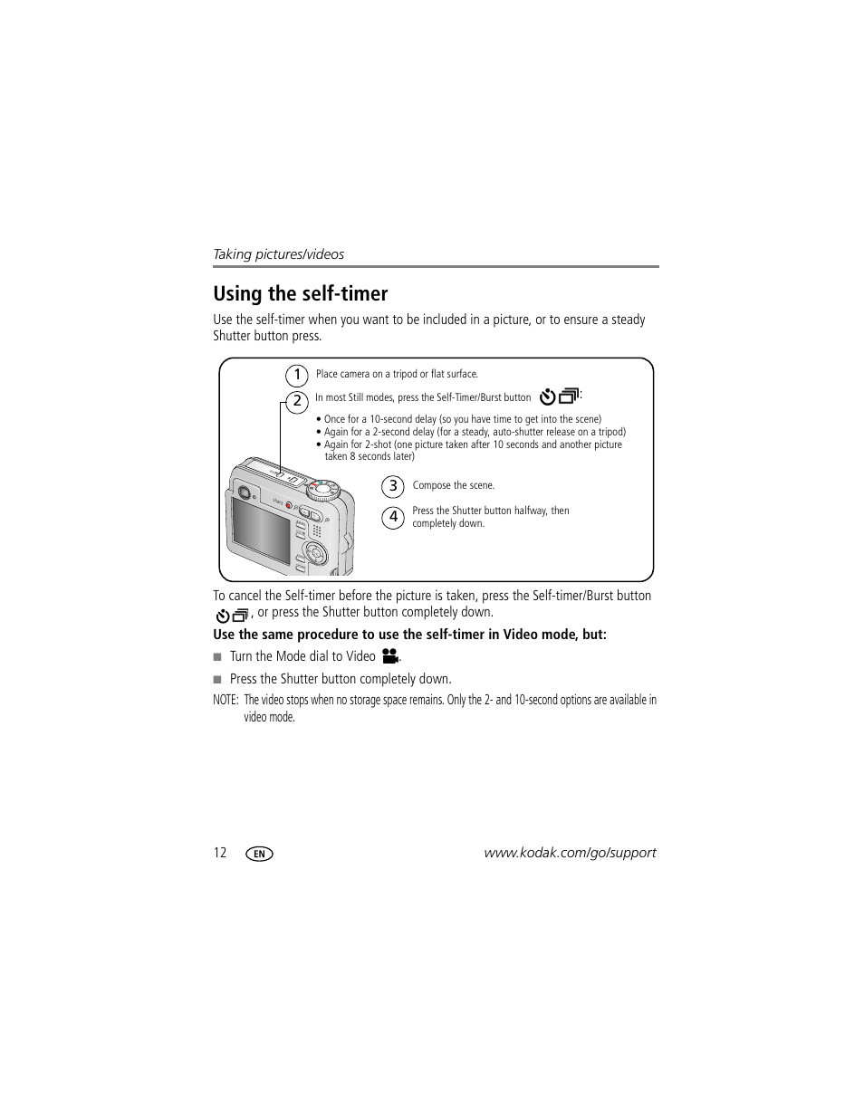 Using the self-timer | Kodak EasyShare C623 User Manual | Page 18 / 78