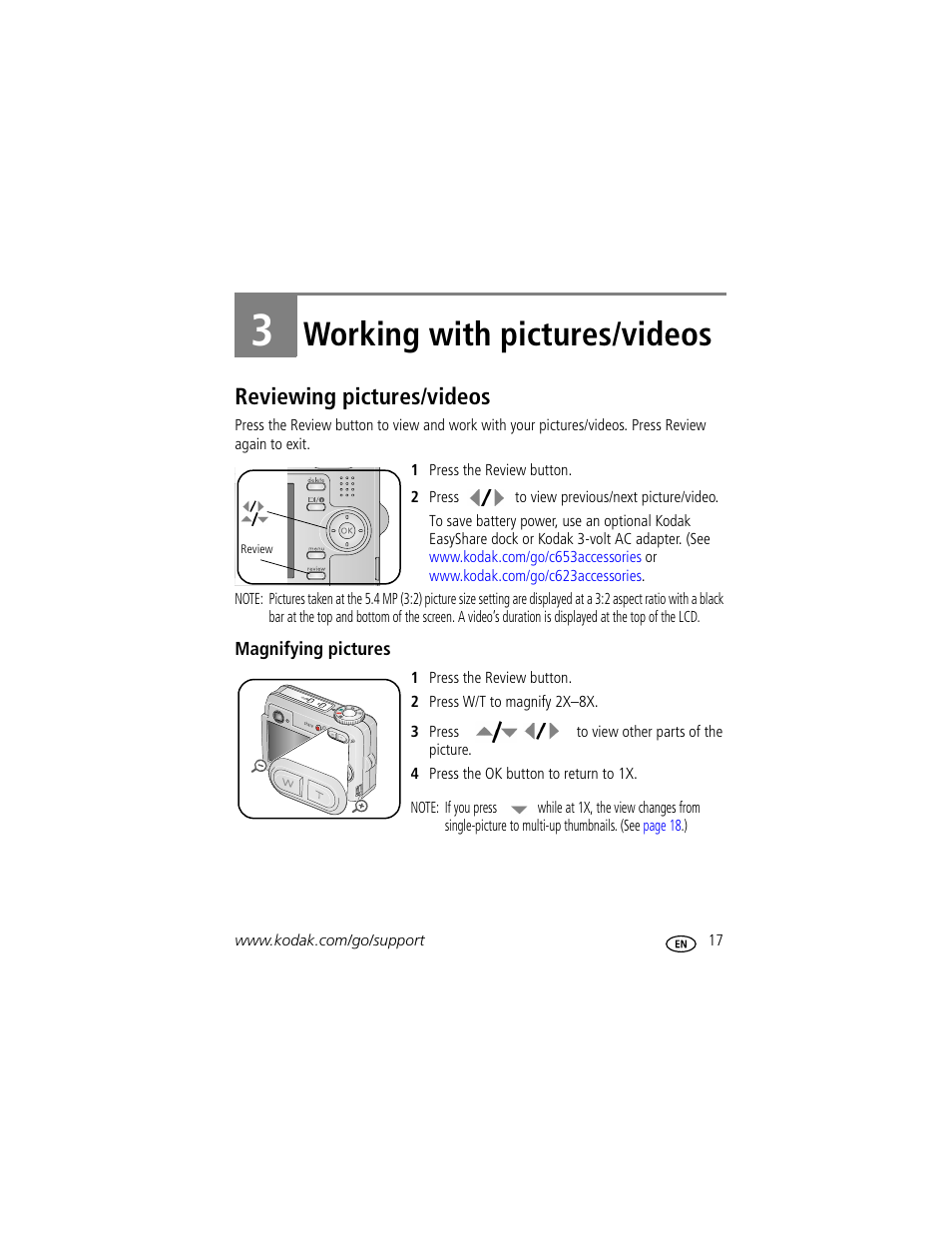 Working with pictures/videos, Reviewing pictures/videos, Magnifying pictures | 3 working with pictures/videos | Kodak EasyShare C623 User Manual | Page 23 / 78