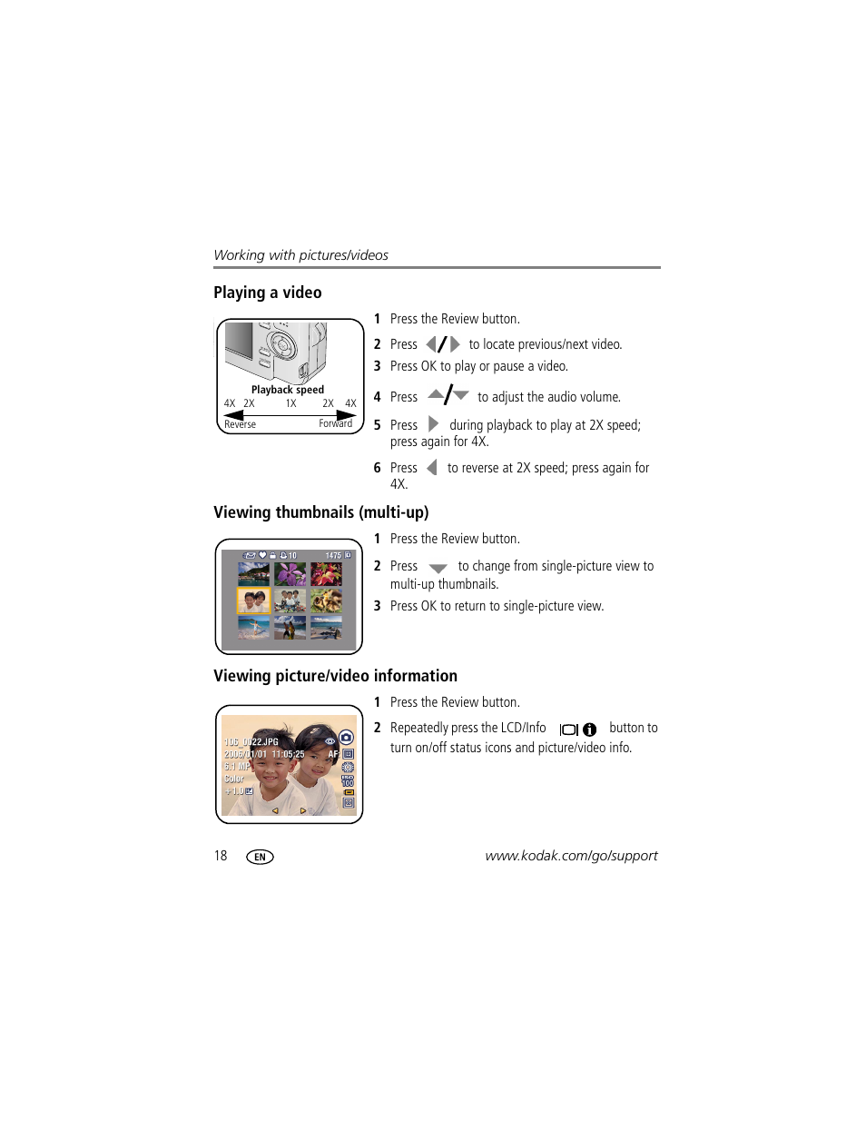 Playing a video, Viewing thumbnails (multi-up), Viewing picture/video information | Kodak EasyShare C623 User Manual | Page 24 / 78