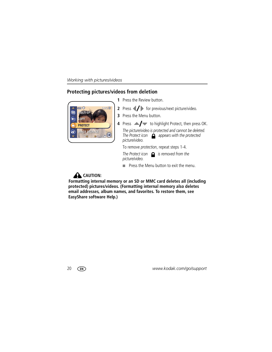 Protecting pictures/videos from deletion | Kodak EasyShare C623 User Manual | Page 26 / 78