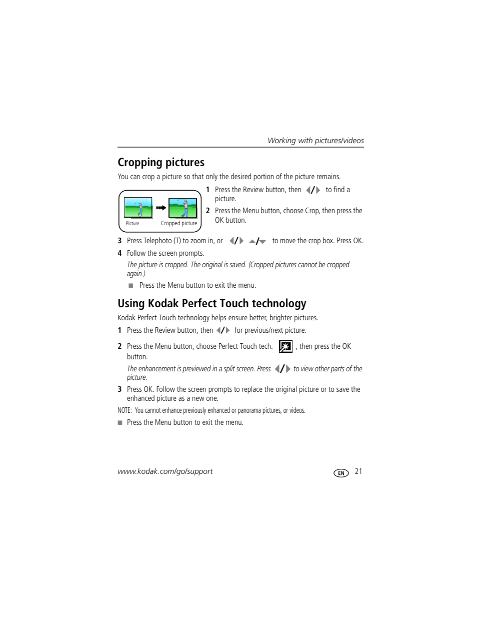 Cropping pictures, Using kodak perfect touch technology | Kodak EasyShare C623 User Manual | Page 27 / 78