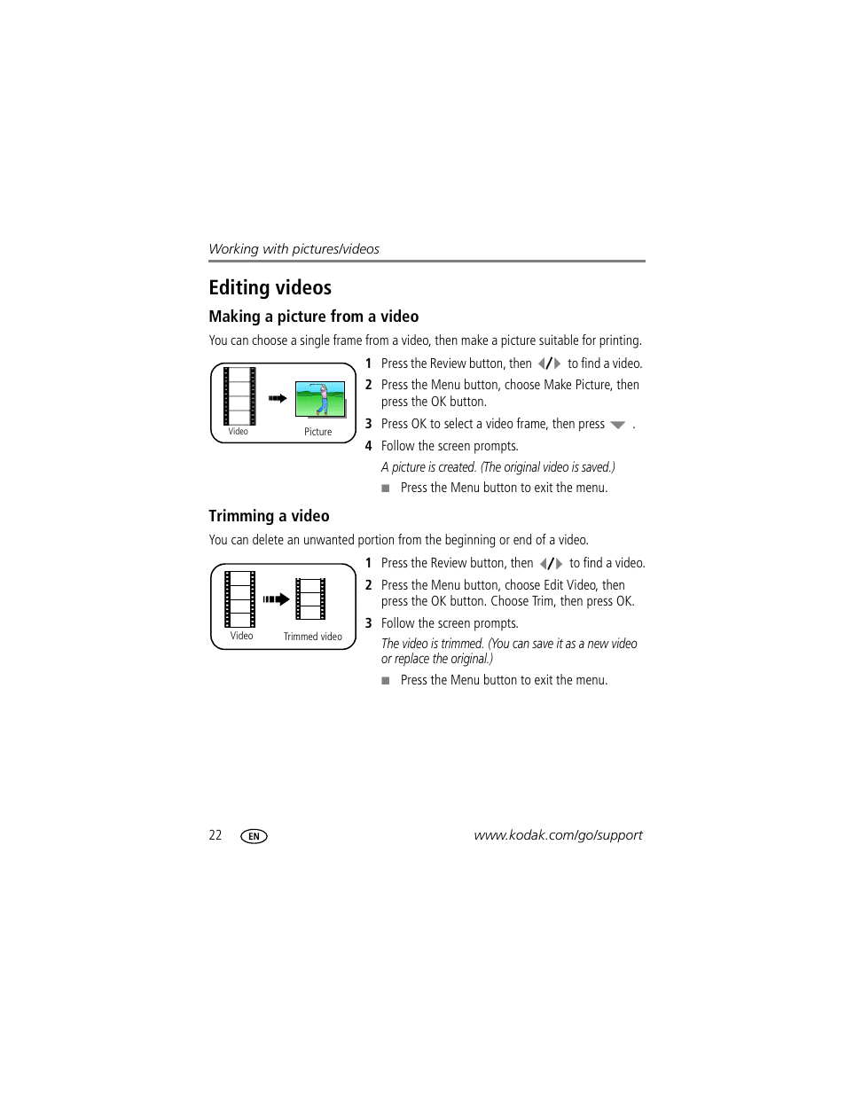 Editing videos, Making a picture from a video, Trimming a video | Kodak EasyShare C623 User Manual | Page 28 / 78