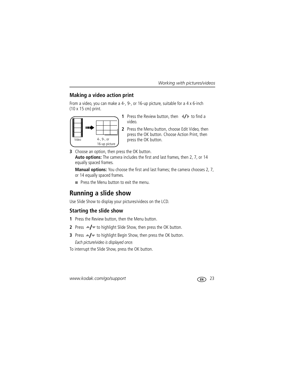 Making a video action print, Running a slide show, Starting the slide show | Kodak EasyShare C623 User Manual | Page 29 / 78