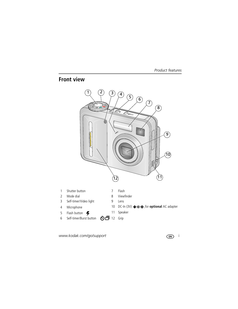 Product features, Front view | Kodak EasyShare C623 User Manual | Page 3 / 78