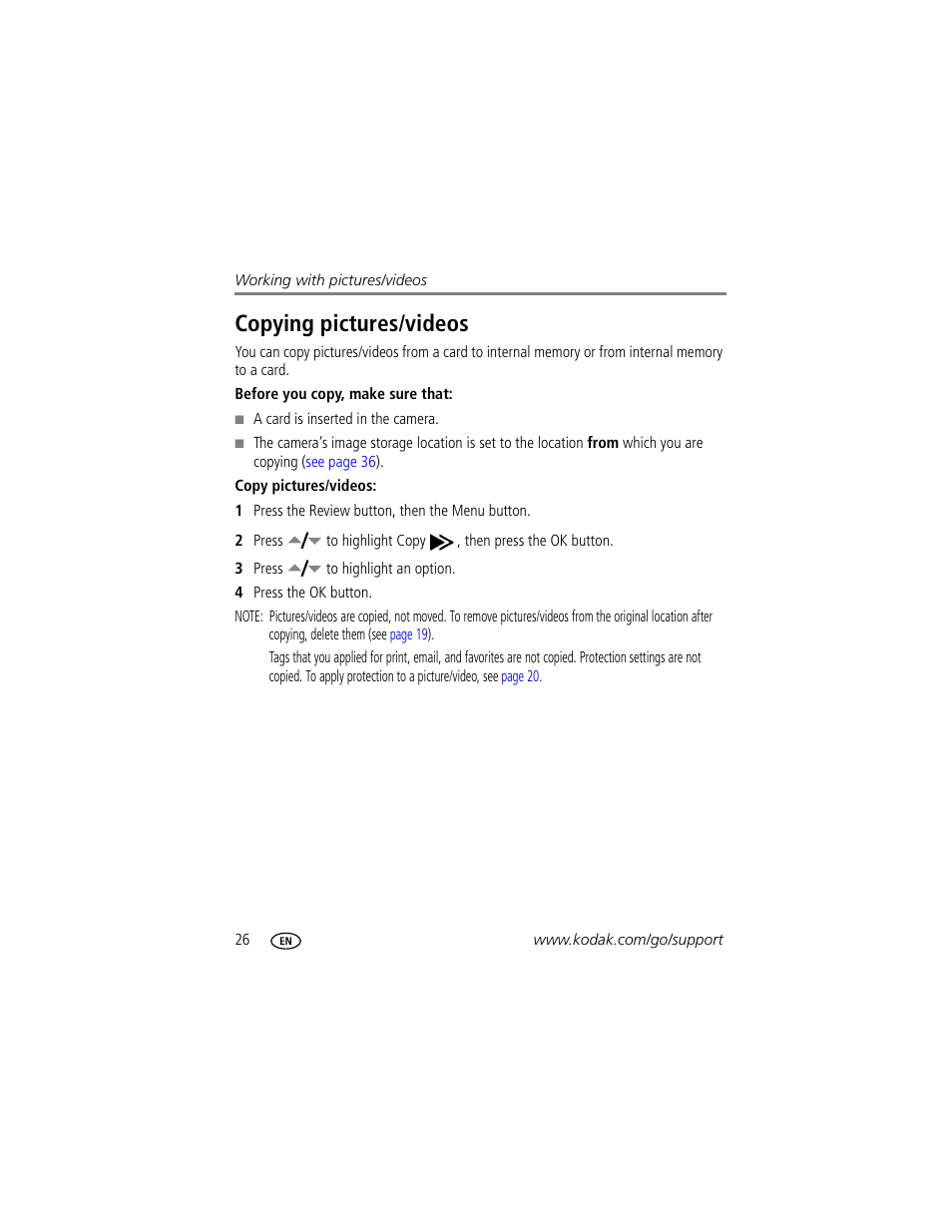 Copying pictures/videos | Kodak EasyShare C623 User Manual | Page 32 / 78