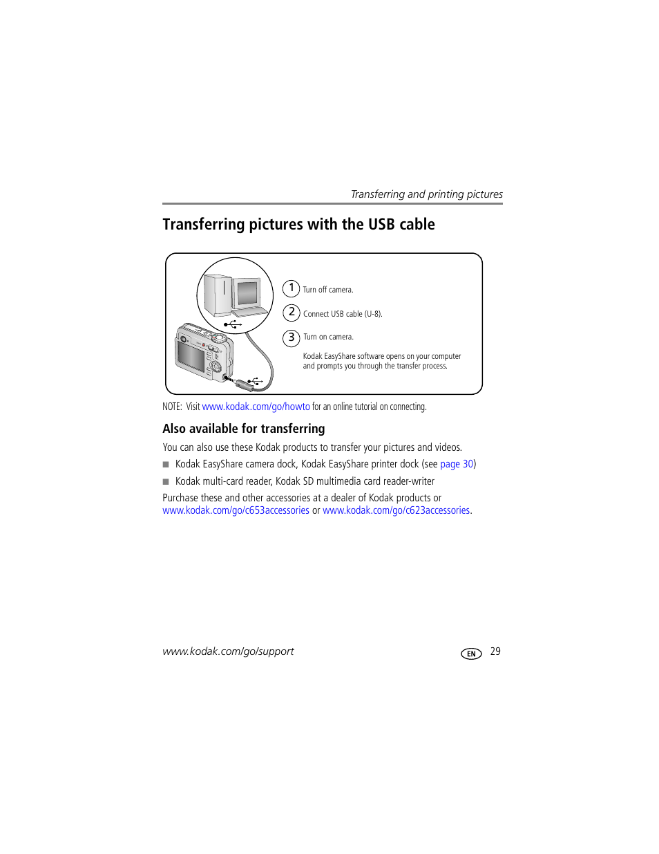 Transferring pictures with the usb cable, Also available for transferring | Kodak EasyShare C623 User Manual | Page 35 / 78