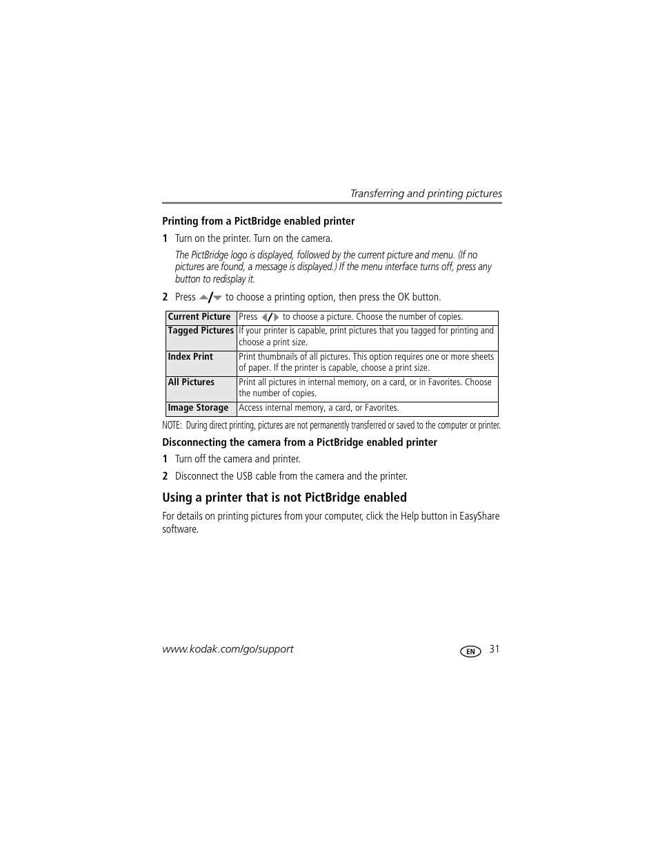 Printing from a pictbridge enabled printer, Using a printer that is not pictbridge enabled | Kodak EasyShare C623 User Manual | Page 37 / 78