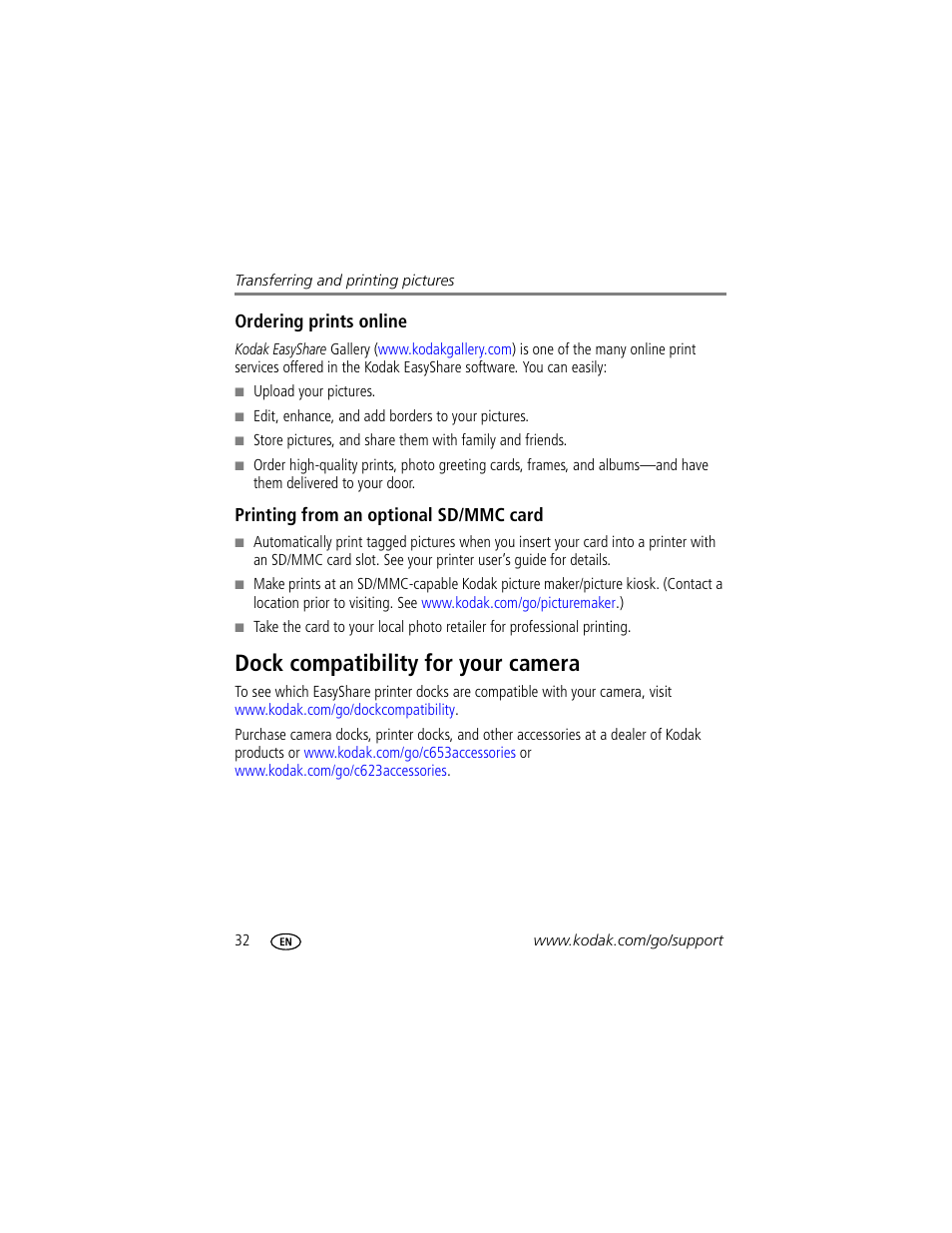 Ordering prints online, Printing from an optional sd/mmc card, Dock compatibility for your camera | Kodak EasyShare C623 User Manual | Page 38 / 78