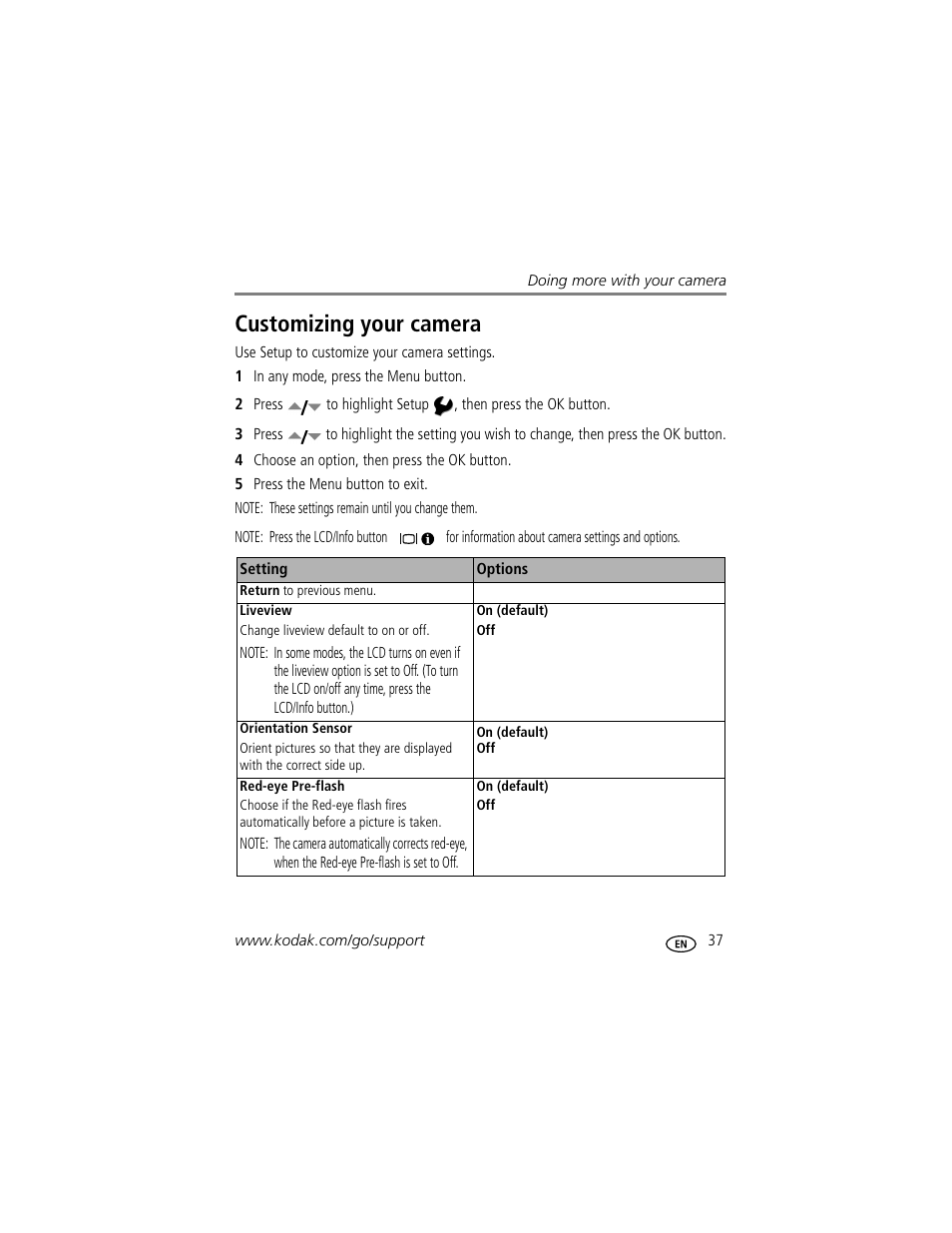Customizing your camera | Kodak EasyShare C623 User Manual | Page 43 / 78