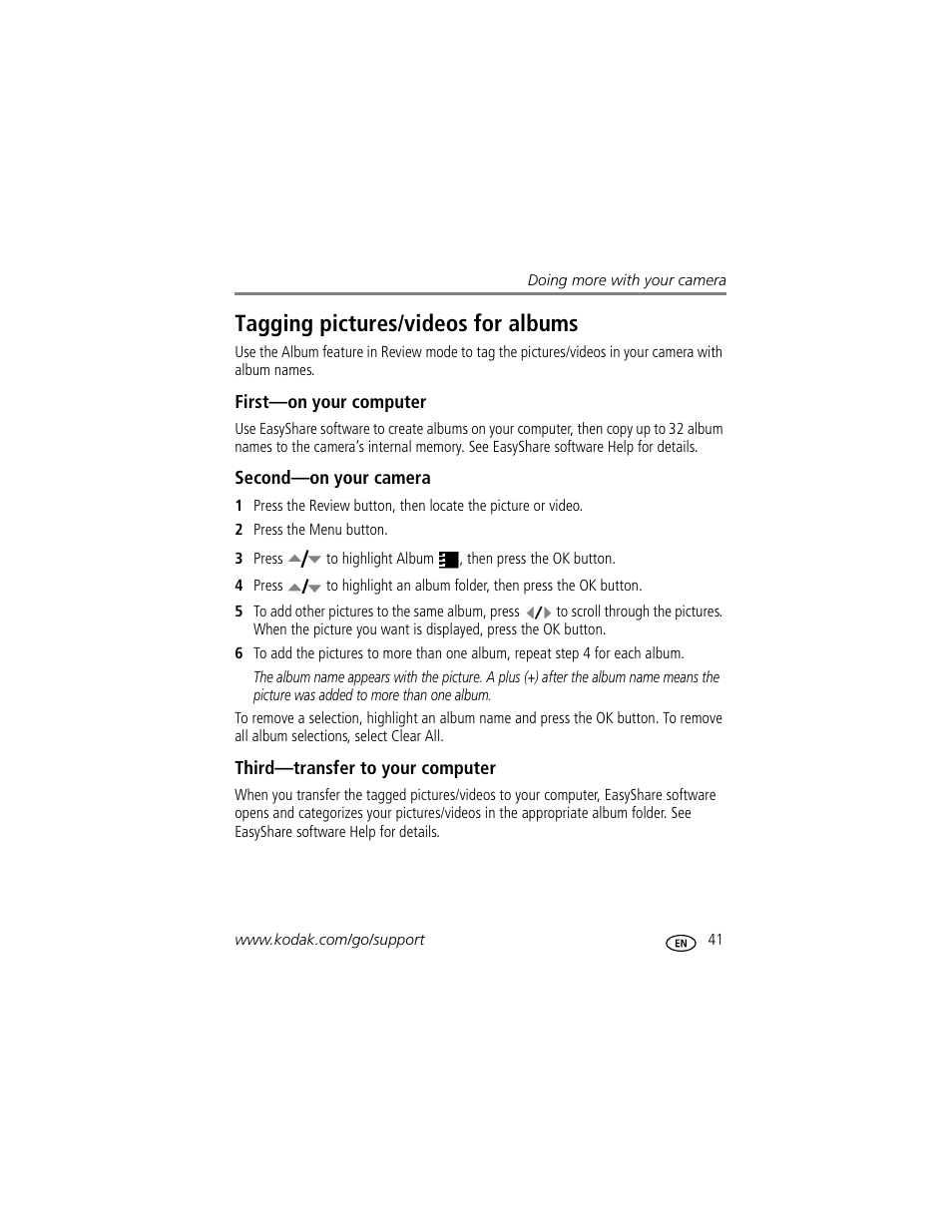 Tagging pictures/videos for albums, First-on your computer, Second-on your camera | Third-transfer to your computer | Kodak EasyShare C623 User Manual | Page 47 / 78