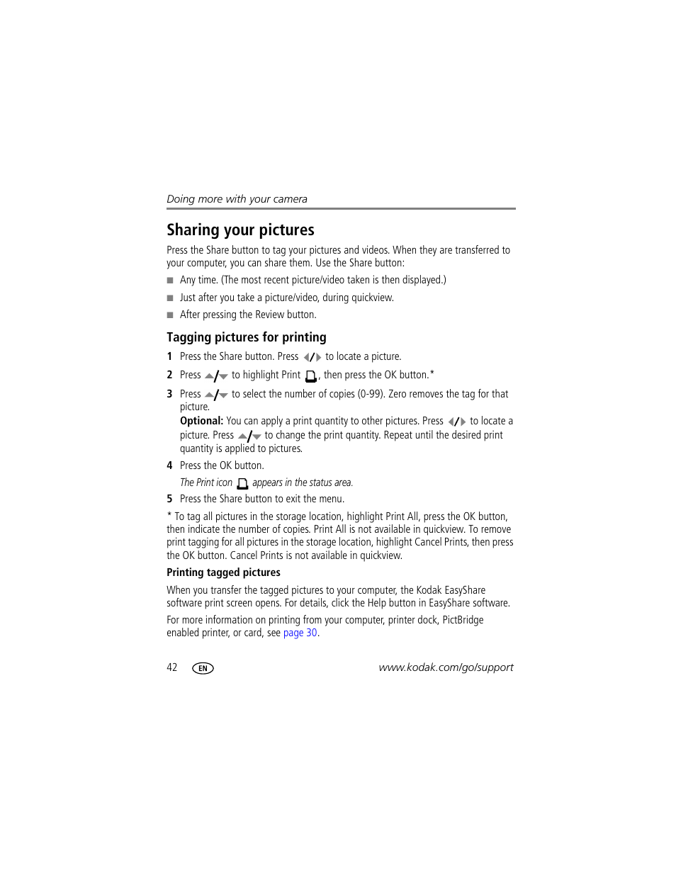 Sharing your pictures, Tagging pictures for printing, Printing tagged pictures | Kodak EasyShare C623 User Manual | Page 48 / 78