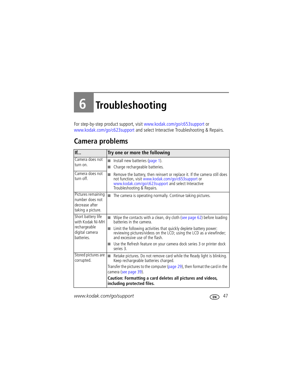 Troubleshooting, Camera problems, 6 troubleshooting | Kodak EasyShare C623 User Manual | Page 53 / 78