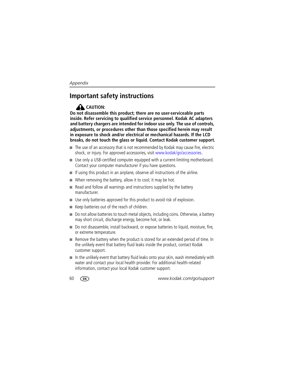 Important safety instructions | Kodak EasyShare C623 User Manual | Page 66 / 78