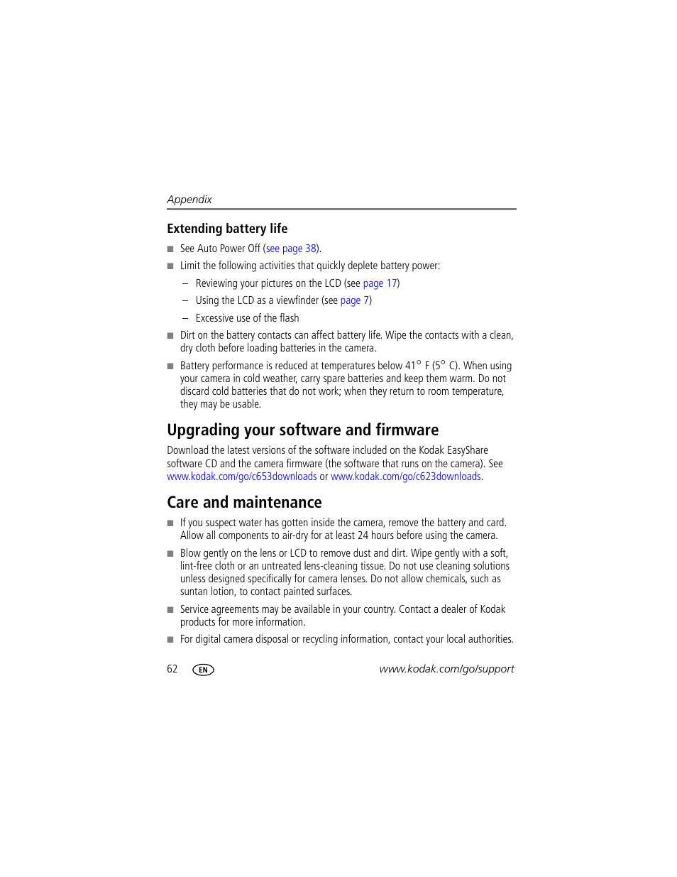 Extending battery life, Upgrading your software and firmware, Care and maintenance | Kodak EasyShare C623 User Manual | Page 68 / 78