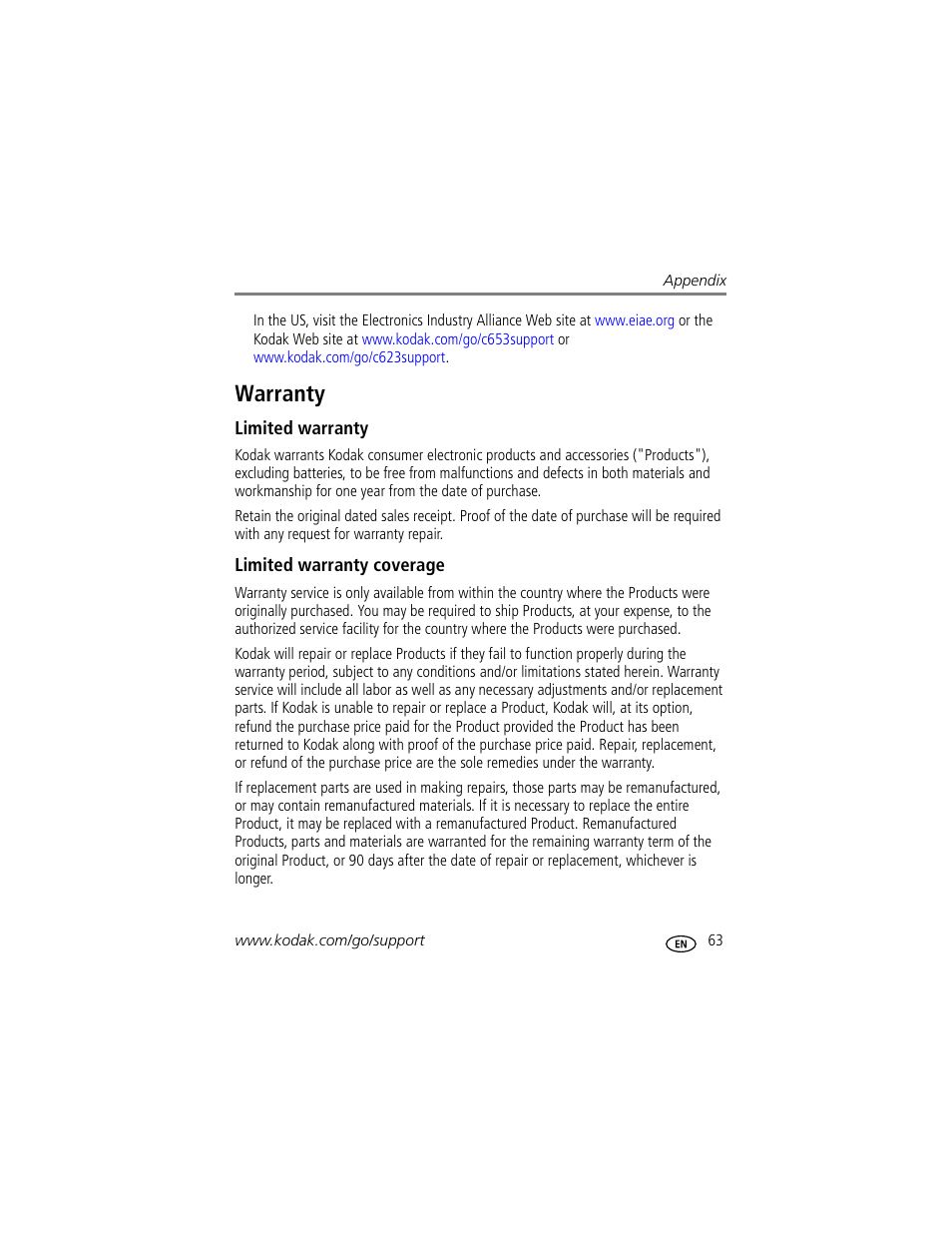 Warranty, Limited warranty, Limited warranty coverage | Kodak EasyShare C623 User Manual | Page 69 / 78