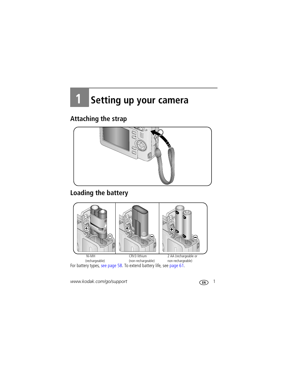 Setting up your camera, Attaching the strap, Loading the battery | 1 setting up your camera, Attaching the strap loading the battery | Kodak EasyShare C623 User Manual | Page 7 / 78