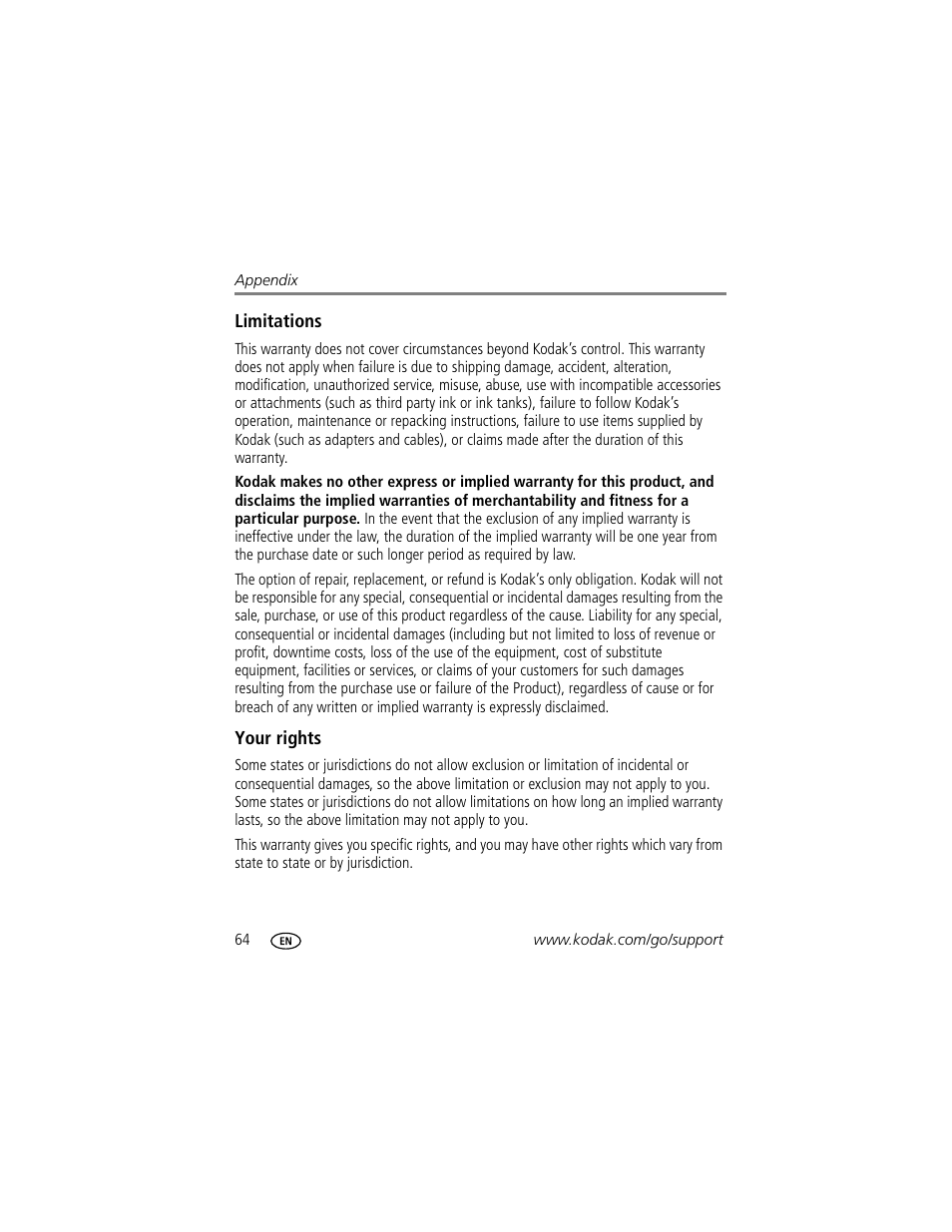 Limitations, Your rights | Kodak EasyShare C623 User Manual | Page 70 / 78