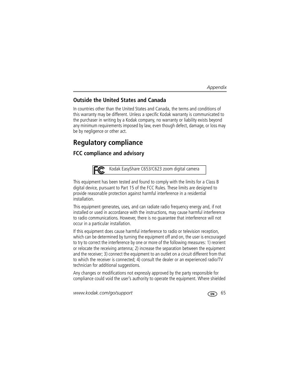 Outside the united states and canada, Regulatory compliance, Fcc compliance and advisory | Kodak EasyShare C623 User Manual | Page 71 / 78