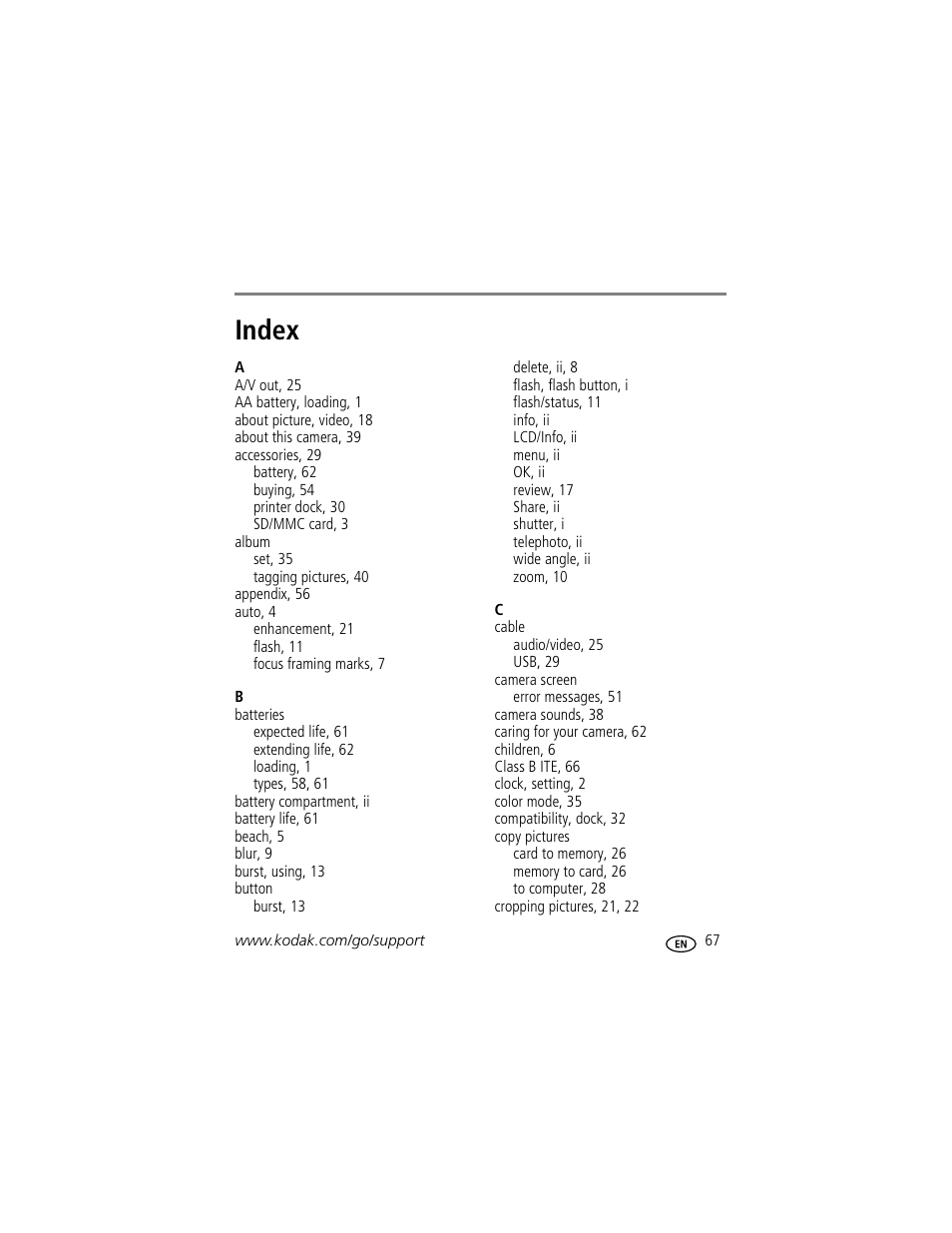 Index | Kodak EasyShare C623 User Manual | Page 73 / 78