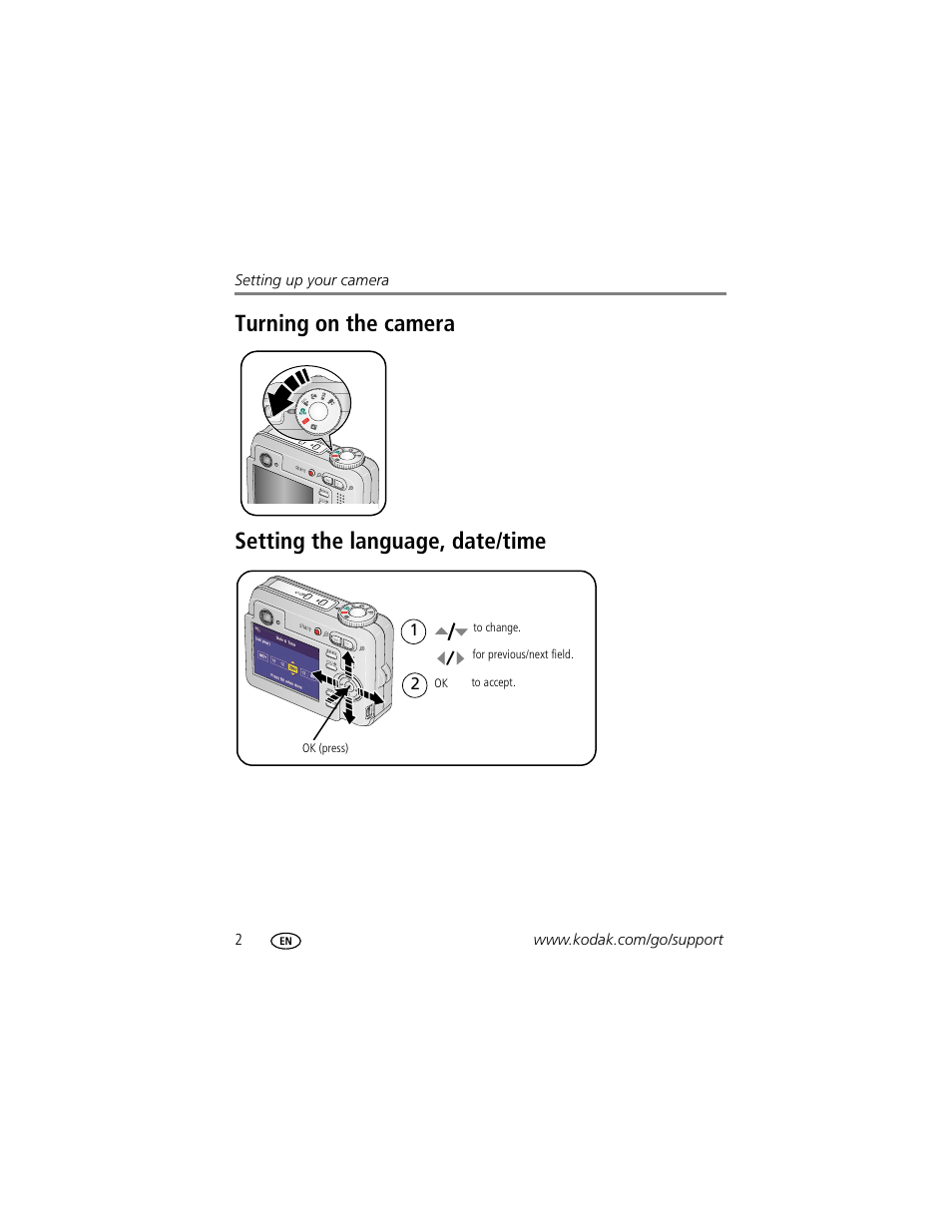 Turning on the camera, Setting the language, date/time | Kodak EasyShare C623 User Manual | Page 8 / 78