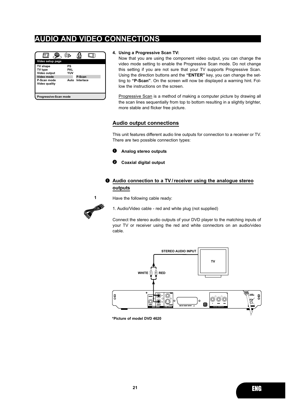 Audio and video connections, Audio output connections | Kodak 4620 User Manual | Page 20 / 63