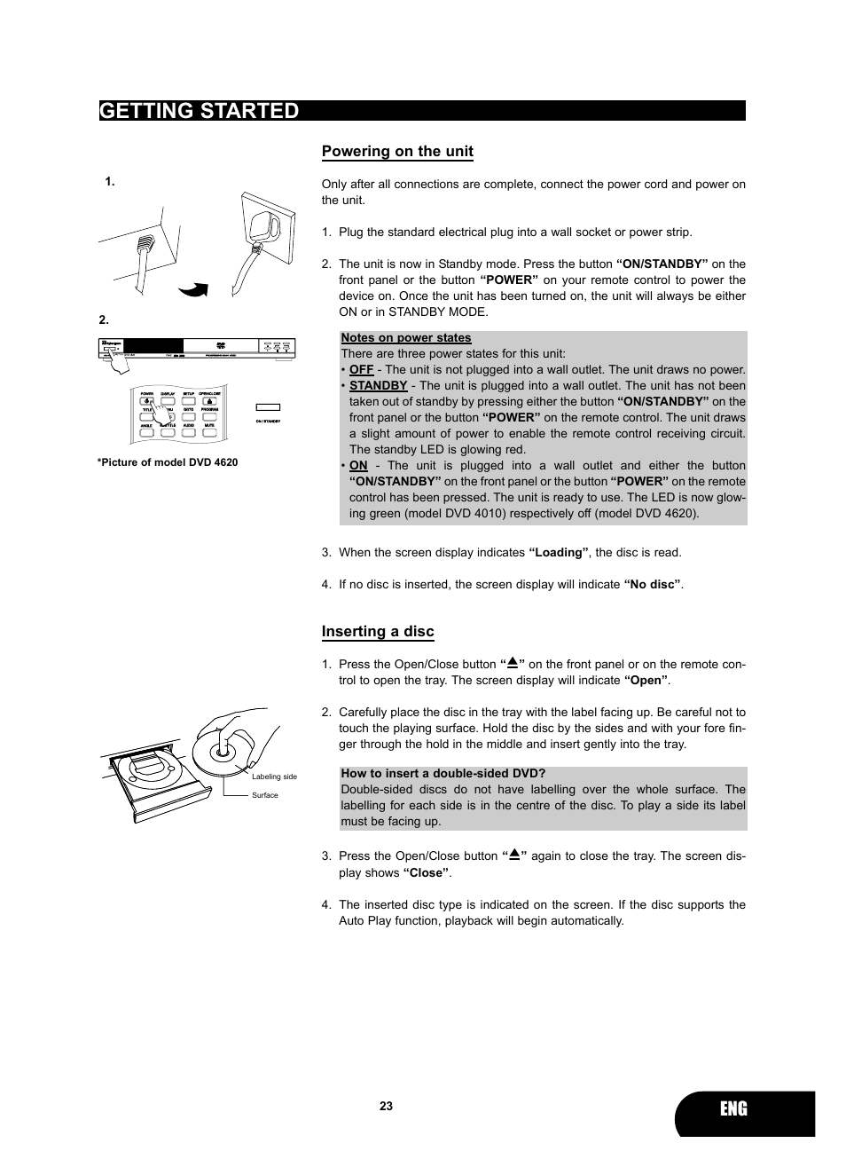 Getting started, Powering on the unit, Inserting a disc | Press the open/close button | Kodak 4620 User Manual | Page 22 / 63