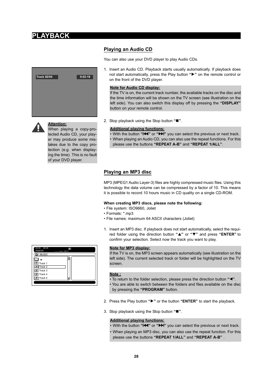 Playback, Playing an audio cd, Playing an mp3 disc | Kodak 4620 User Manual | Page 27 / 63