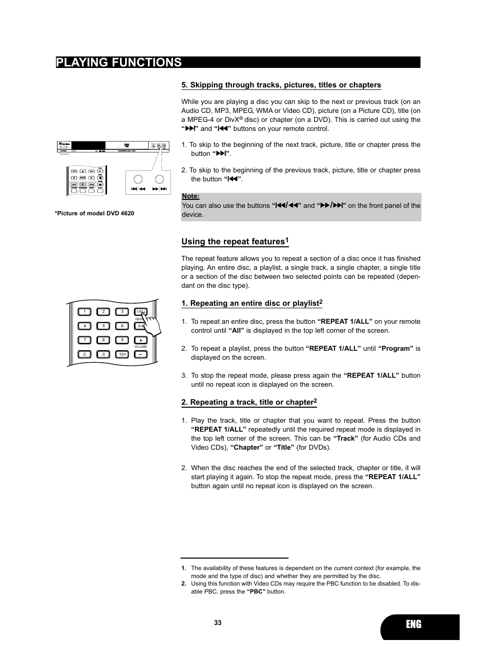 Playing functions, Using the repeat features, Repeating an entire disc or playlist | Repeating a track, title or chapter | Kodak 4620 User Manual | Page 32 / 63