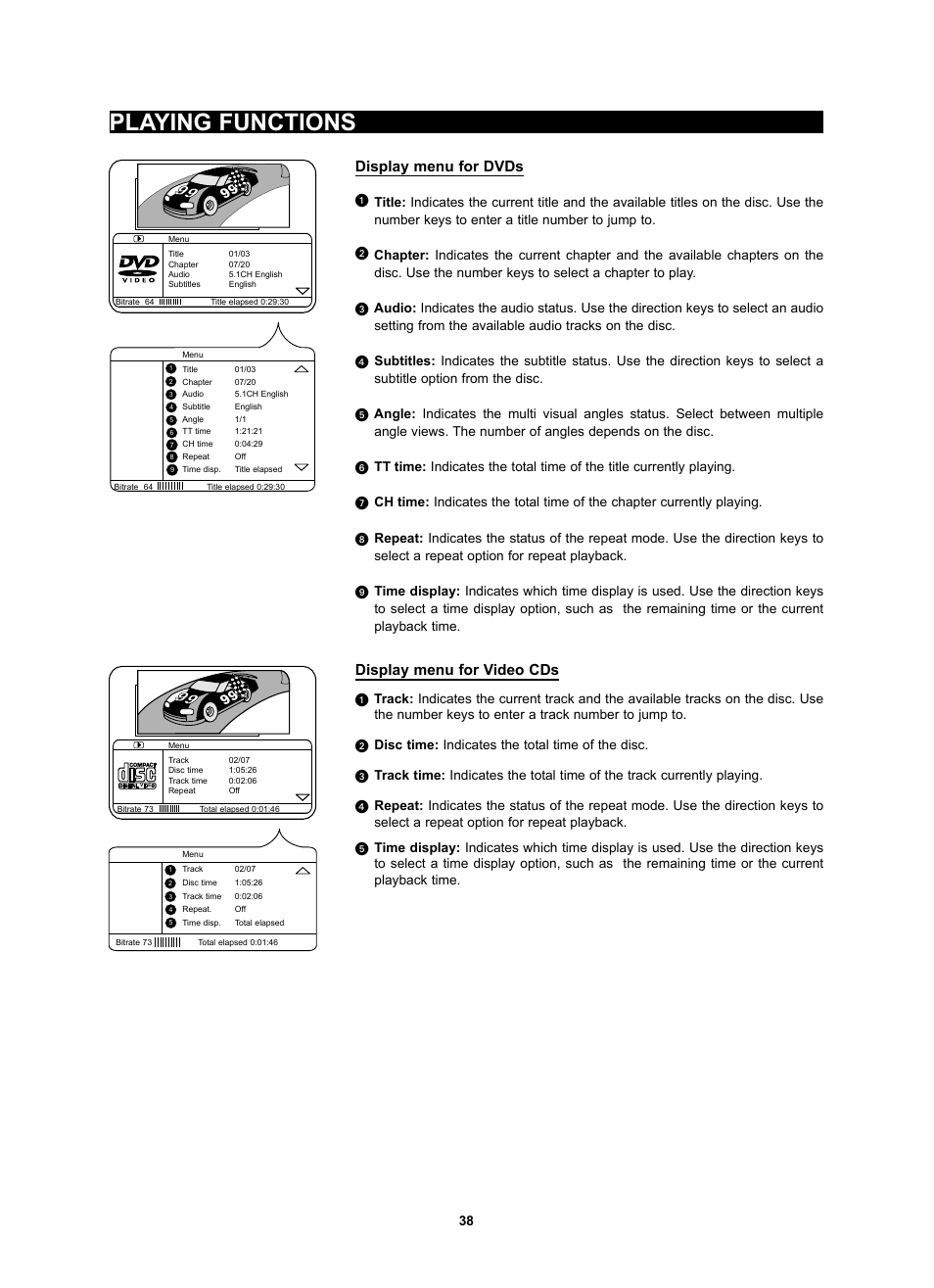 Playing functions, Display menu for dvds, Display menu for video cds | Kodak 4620 User Manual | Page 37 / 63