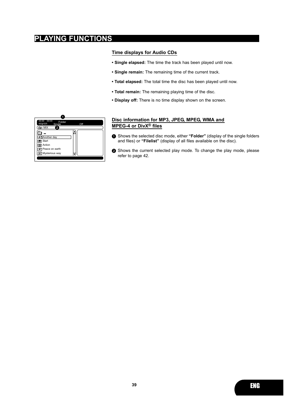 Playing functions, Time displays for audio cds, Files | Kodak 4620 User Manual | Page 38 / 63