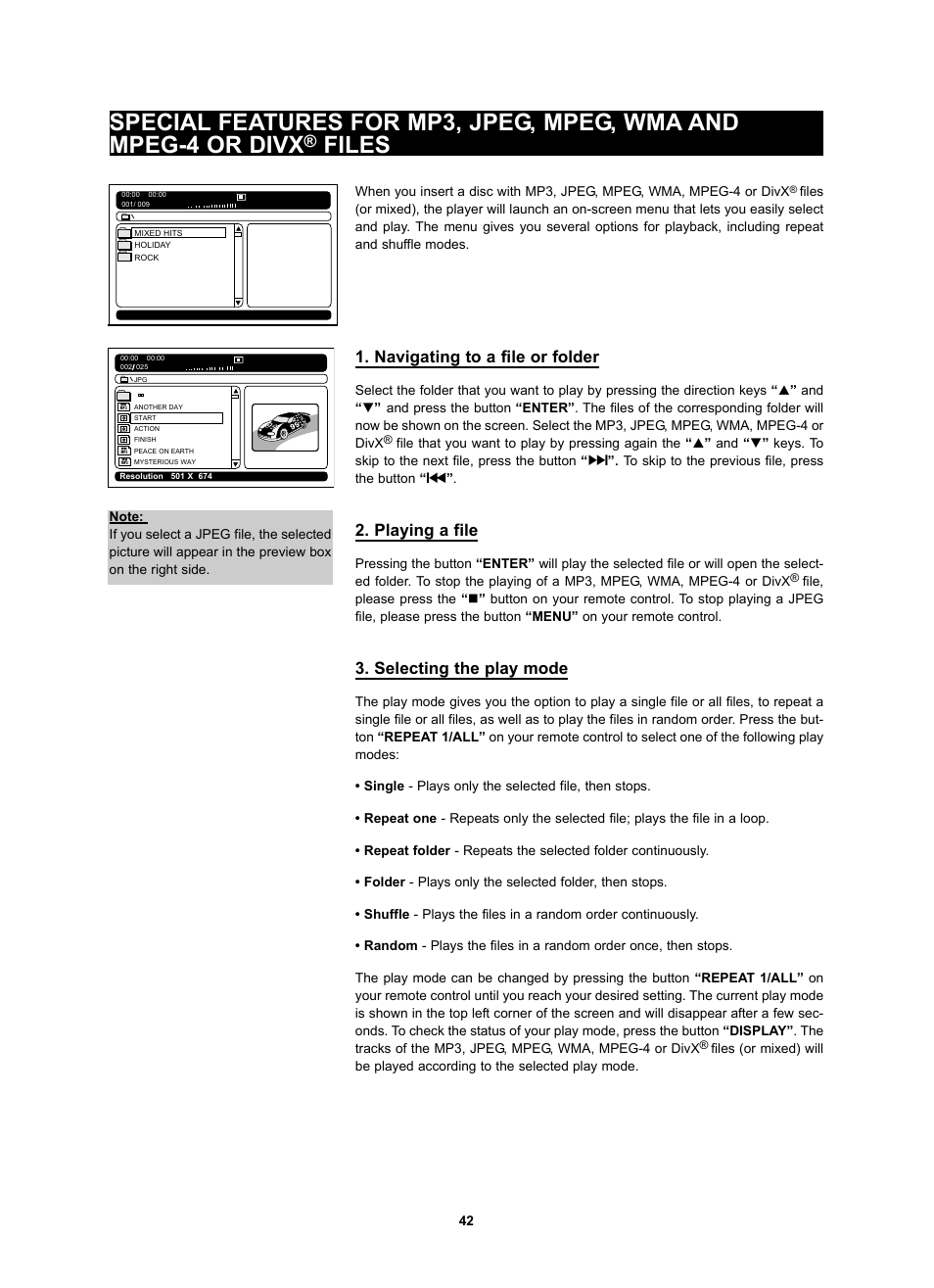 Files, Navigating to a file or folder, Playing a file | Selecting the play mode | Kodak 4620 User Manual | Page 41 / 63