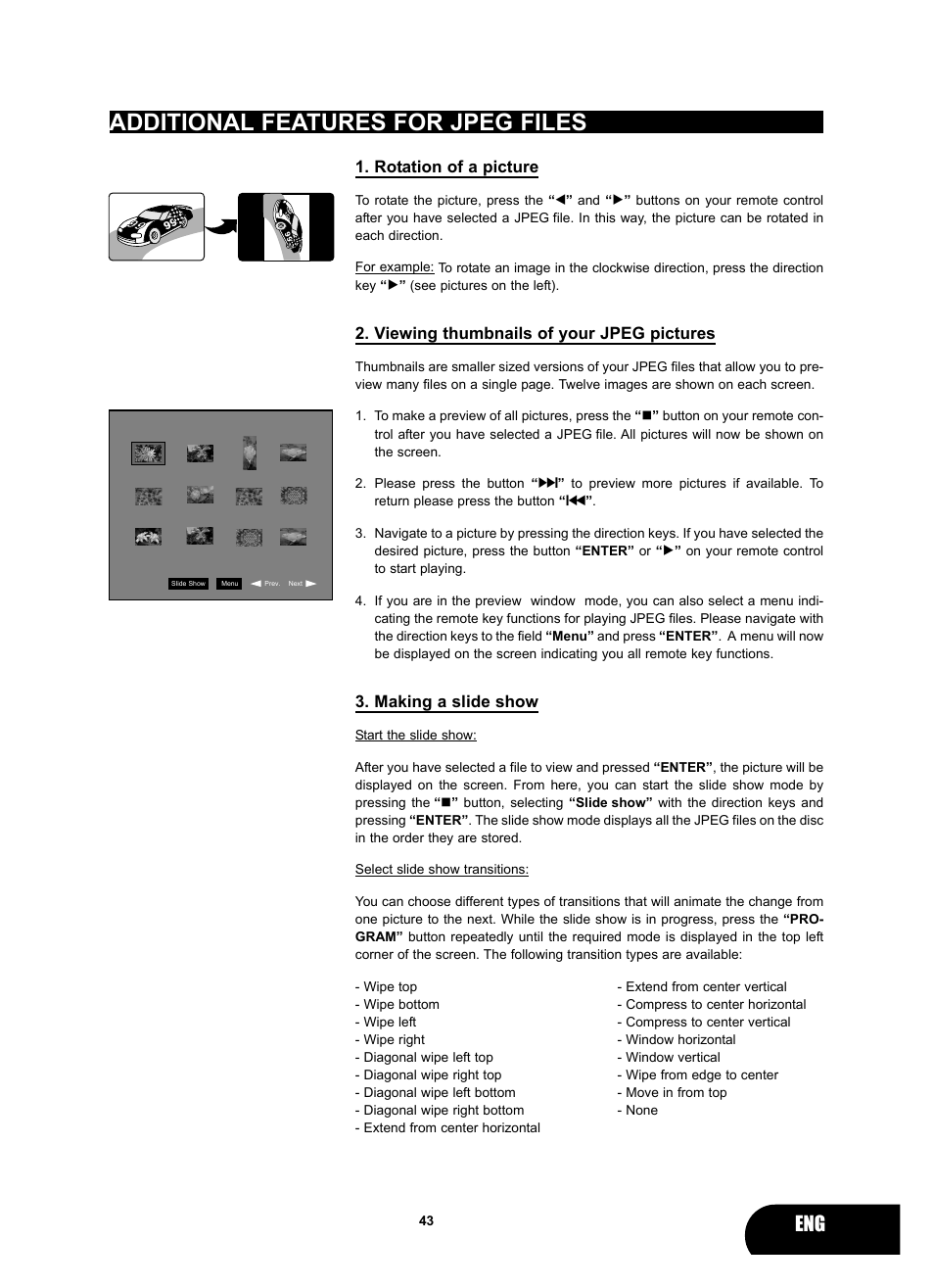 Additional features for jpeg files, Rotation of a picture, Viewing thumbnails of your jpeg pictures | Making a slide show | Kodak 4620 User Manual | Page 42 / 63